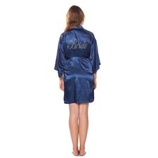 Picture of Navy blue Satin Robe for Bride with clear Rhinestone