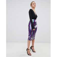 Outrageous Fortune sequin midi bodycon skirt in rainbow stripe