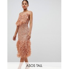 Tall feather effect trim sequin midi bodycon dress