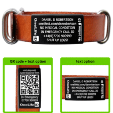 Leather strap and black ID tag with ICE Emergency ID info | OneLife iD