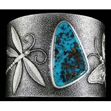 Darryl Dean Begay Candelaria Turquoise Dragonfly and Butterfly Design Tufa Cast Sterling Silver Bracelet