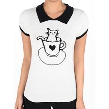 YeMAK Sweater | Pointed Collar Cat Tea Cup Short Sleeves Casual Pullover Sweater MK3591CAT