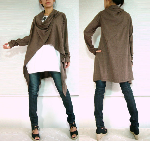 Women Unique Long Cardigan - Cowl Neck Oversized  Wrap - chocolate brown in asymmetrical lagenlook