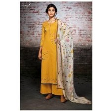 Ganga Yellow cotton printed suits with cambric bottom and chiffon Dupatta