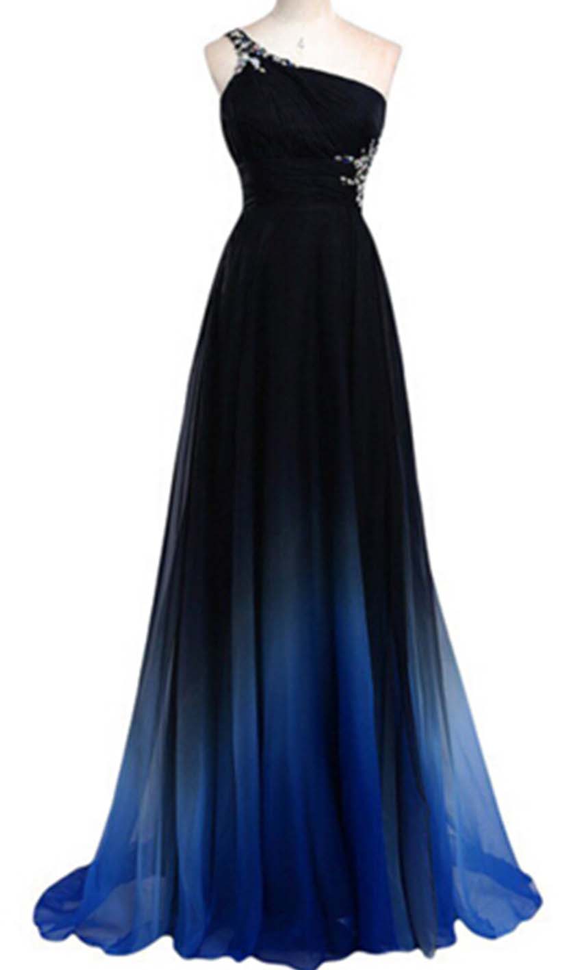 Blue Ombre One Shoulder Lon...