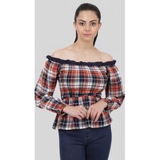 SbuyS - Smocked Plaid Off Shoulder Top