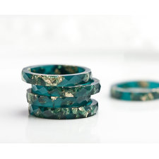 Teal Resin Stacking Ring Gold Flakes Thin Faceted Ring OOAK boho minimalist jewelry deep teal emerald petrol blue rusteam