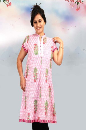 Printed Cotton Pink Half Sl...
