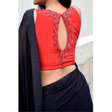 Black Red Net Handwork Saree - saree