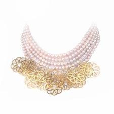 Sand Rose Layers Necklace - Gold-pleated silver Multi sand roses with multi-layered pink pearls