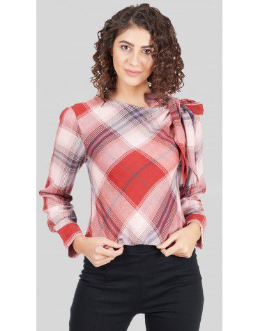 Plaid Tie Knot Shoulder Top...