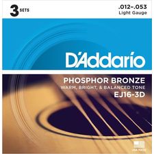 D'addario ej16-3d phosphor bronze string acoustic guitar light 3 sets