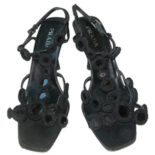 PRADA Black Mirrored Bead T-Strap Embellished Strappy Heels