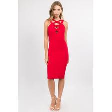 Front view of the Bondage body-con midi dress by Simona Maghen in red. Front and back criss cross detail for the perfect date night or cocktail dress.