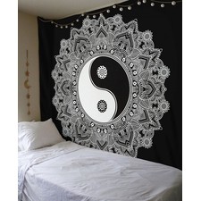 Black & White Yin-Yang Peace on Earth Mandala Wall Hanging Tapestry