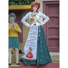 White and Green Soft Cotton Navratri Special Ghagra Choli