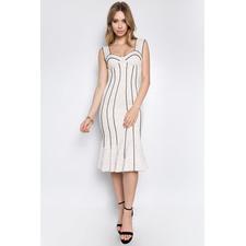 Front view of the Bella Bustier Dress by Simona Maghen in white lace with black piping, a stylish and classy women's sleeveless midi mermaid hem dress, which can be worn as a versatile day to night dress or a white party dress.