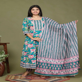 LONG FROCK GHERA ANARKALI KURTIS PANT WITH DUPATTA SET DARK FIROZI (ANARKALI SUIT)